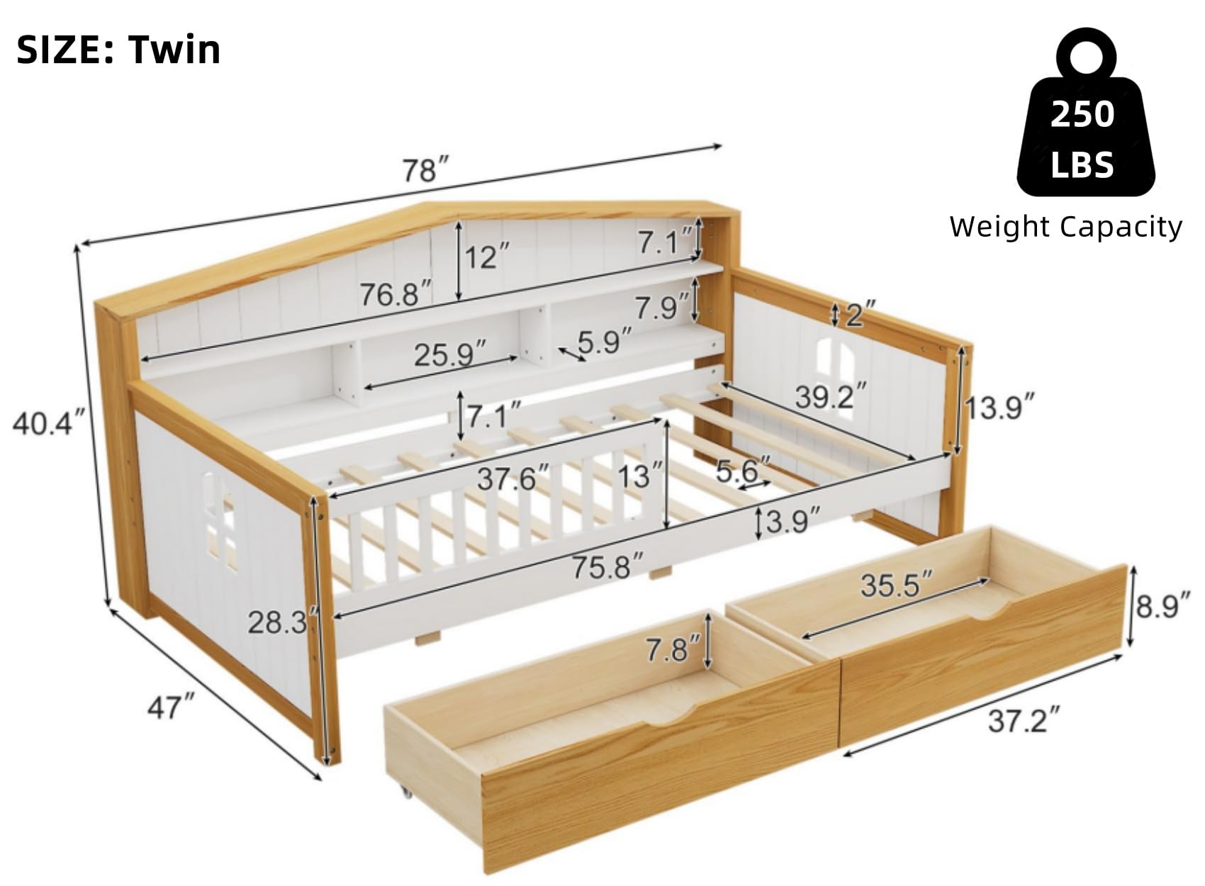 Merax Twin Size Bed Frames with 2 Storage Drawers and Bookcase Headboard, Montessori House Shape Daybed for Kids Girls Boys Teens, No Box Spring Needed