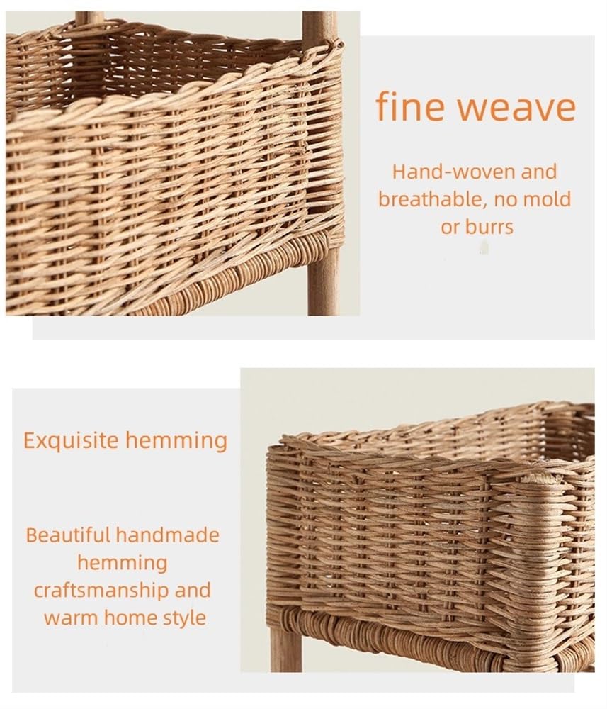 WKSPOO Rattan Shelving Unit 3 Tiers Standing Wooden Caddy, Hand Woven Floor Rattan Portable Laundry Bin Basket Applicable for Living Room, Bedroom, Kitchen(Color:Natural), 30*20*60cm