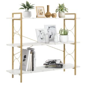 fusehome 3 tier bookshelf, modern open low 3 shelf bookcase,small book shelves for bedroom, wood and metal display shelves storage bookshelves,for home office,living room, kitchen,white&gold