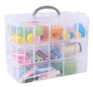 taysisiter plastic stackable storage container box with 30 adjustable compartments, 3 tiers clear stackable craft organizers with dividers and handle for arts and crafts, toy, fuse beads, washi tapes