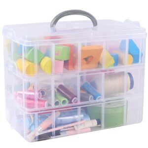 Taysisiter Plastic Stackable Storage Container Box with 30 Adjustable Compartments, 3 Tiers Clear Stackable Craft Organizers with Dividers and Handle for Arts and Crafts, Toy, Fuse Beads, Washi Tapes