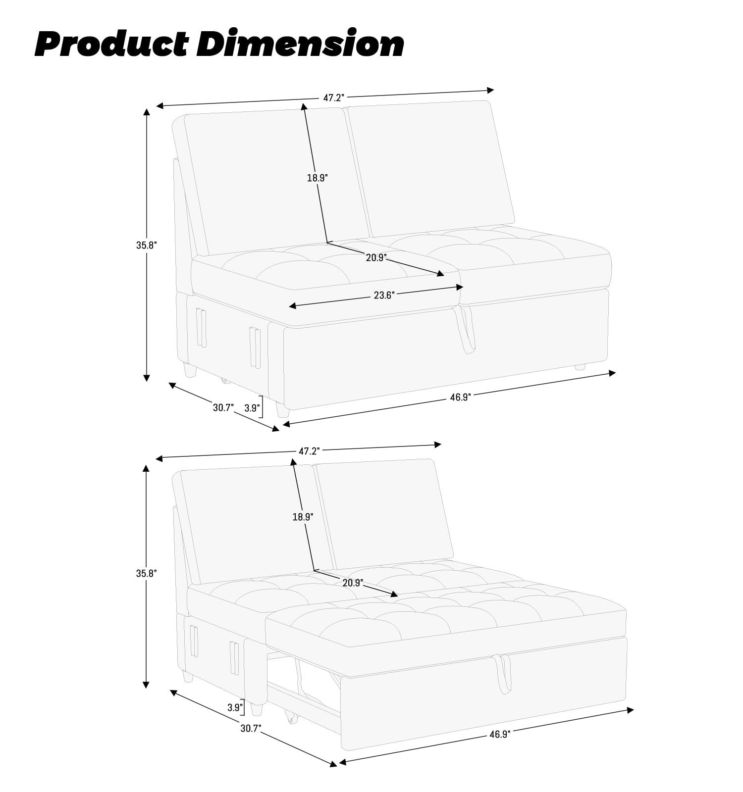 Belffin Pull Out Sofa Bed Module Part for Modular Sectional Sleeper Sofa Armless Loveseat with Pull Out Bed for Sectional Couch Grey