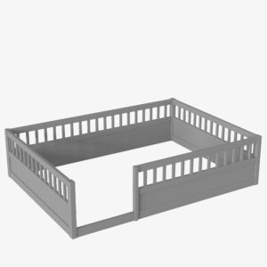 Floor Bed for Kids, Full Size Montessori Bed with High Fence Railings, Wood Playhouse Bed with Rails for Baby Boys Girls Teens, No Slats Included, Gray