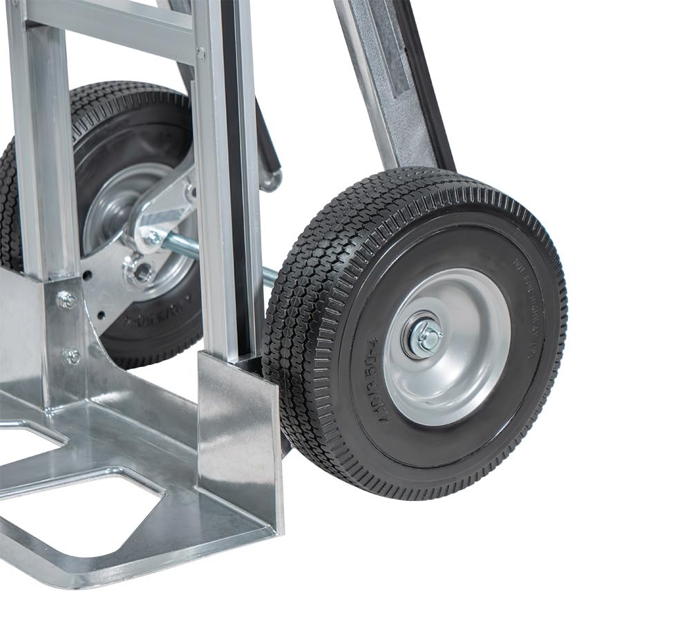 Mytee Products 600 lbs Dual Handle Aluminum Hand Truck Heavy Duty Dolly with 10" Solid Caster Wheels - Large Hand Truck with Skid Bars - 52.3" x 17.5" with 19.3" x 7.5" Nose Plate