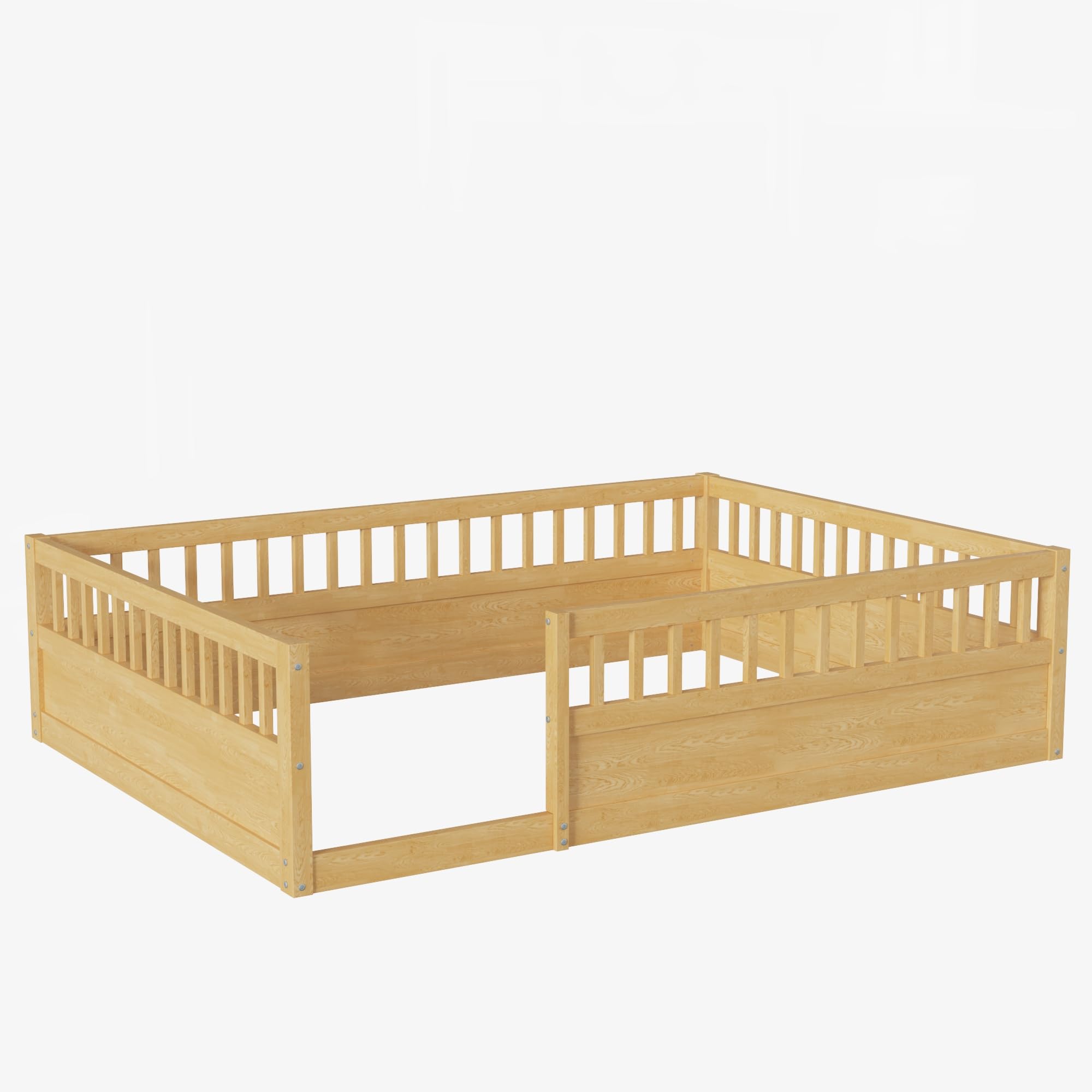 Floor Bed for Kids, Full Size Montessori Bed with High Fence Railings, Wood Playhouse Bed with Rails for Baby Boys Girls Teens, No Slats Included, Natural