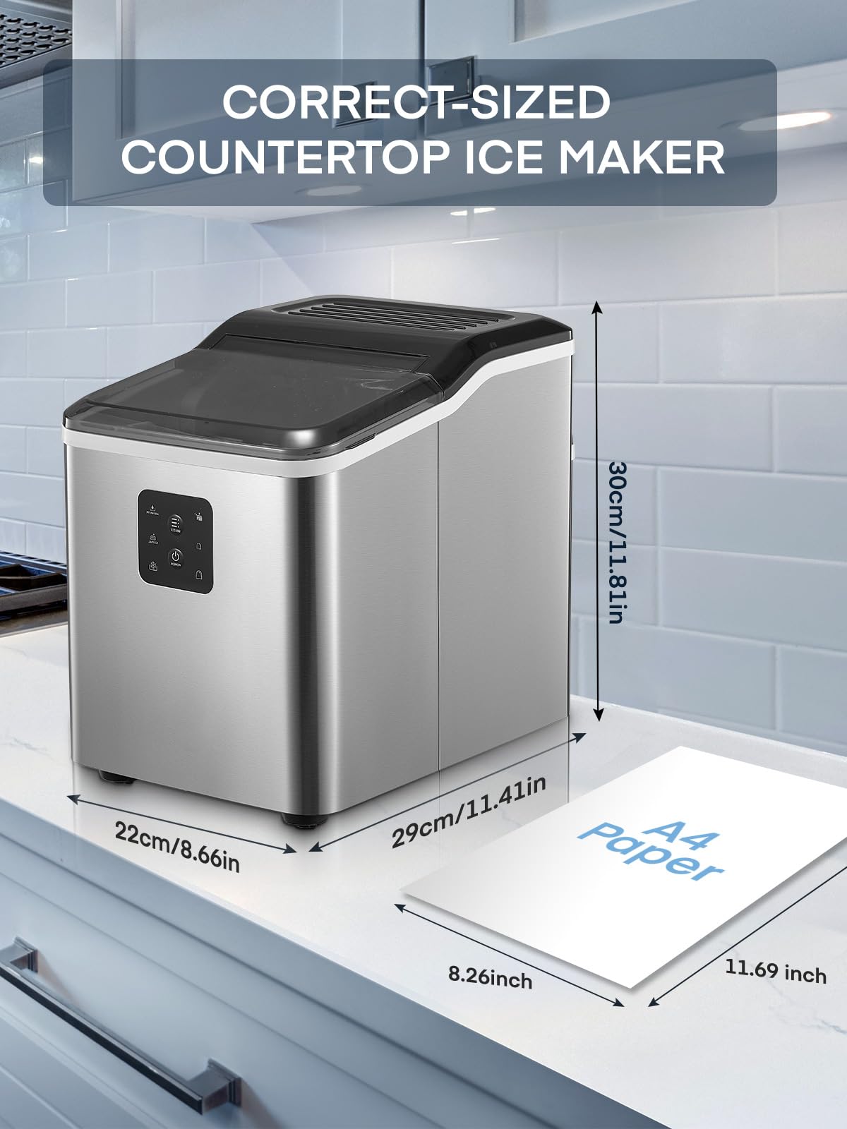 Countertop Ice Maker Machine 𝑺𝒕𝒂𝒊𝒏𝒍𝒆𝒔𝒔 𝑺𝒕𝒆𝒆𝒍, 9 Bullet Ice in 6 Mins, 𝟑𝟎𝒍𝒃𝒔 24h, Self-Clean, 2 Ice Sizes, LCD Display, Portable Ice Maker w/Ice Scoop & Basket, Home/Kitchen/Office