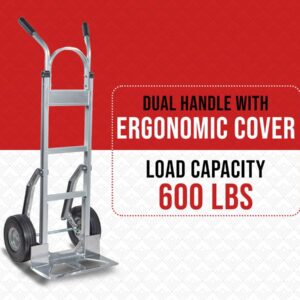 Mytee Products 600 lbs Dual Handle Aluminum Hand Truck Heavy Duty Dolly with 10" Solid Caster Wheels - Large Hand Truck with Skid Bars - 52.3" x 17.5" with 19.3" x 7.5" Nose Plate