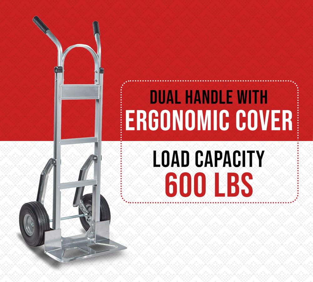 Mytee Products 600 lbs Dual Handle Aluminum Hand Truck Heavy Duty Dolly with 10" Solid Caster Wheels - Large Hand Truck with Skid Bars - 52.3" x 17.5" with 19.3" x 7.5" Nose Plate