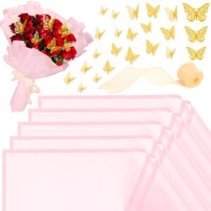 roadplum 20 sheet pink flower wrapping paper, bouquet wrapping paper with 12 butterflies and 1 ribbon for diy bouquet, flower paper wrap kit for valentine's day, mother's day, graduation