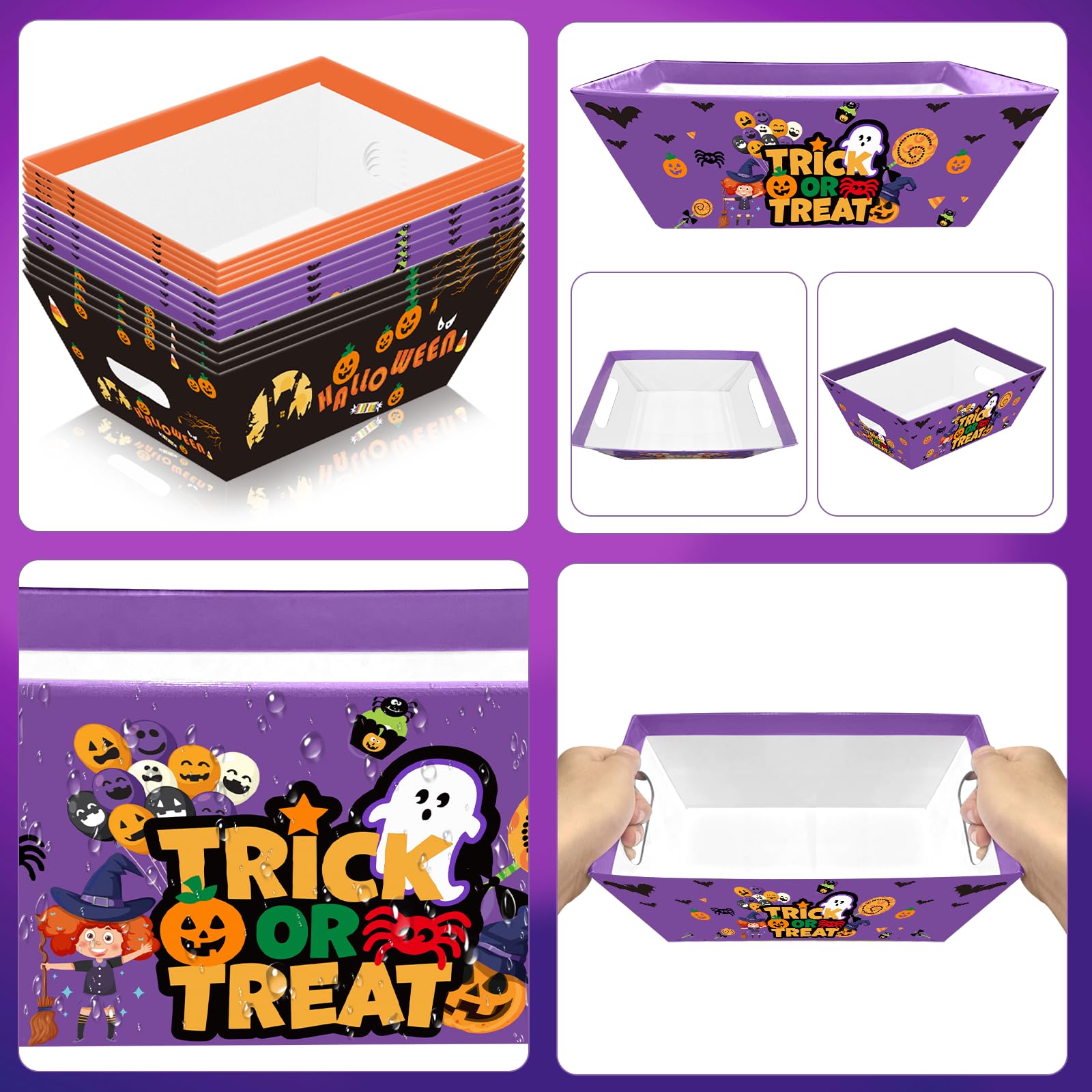 36 Pcs Halloween Baskets for Gift 9.8 x 6.5 Inch Halloween Basket to Fill Include 12 Cardboard Tray with Handles 12 Cellophane Bags 12 Bows Ribbons Gift Basket for Halloween Trick or Treat Party