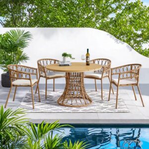 ME2 5-Piece Outdoor Patio Furniture Dining Set, All-Weather Simple Bamboo Conversation Set with Soft Cushions andDining Table for Backyard Deck for Patios, Backyard, Balcony, Garden, Lawn