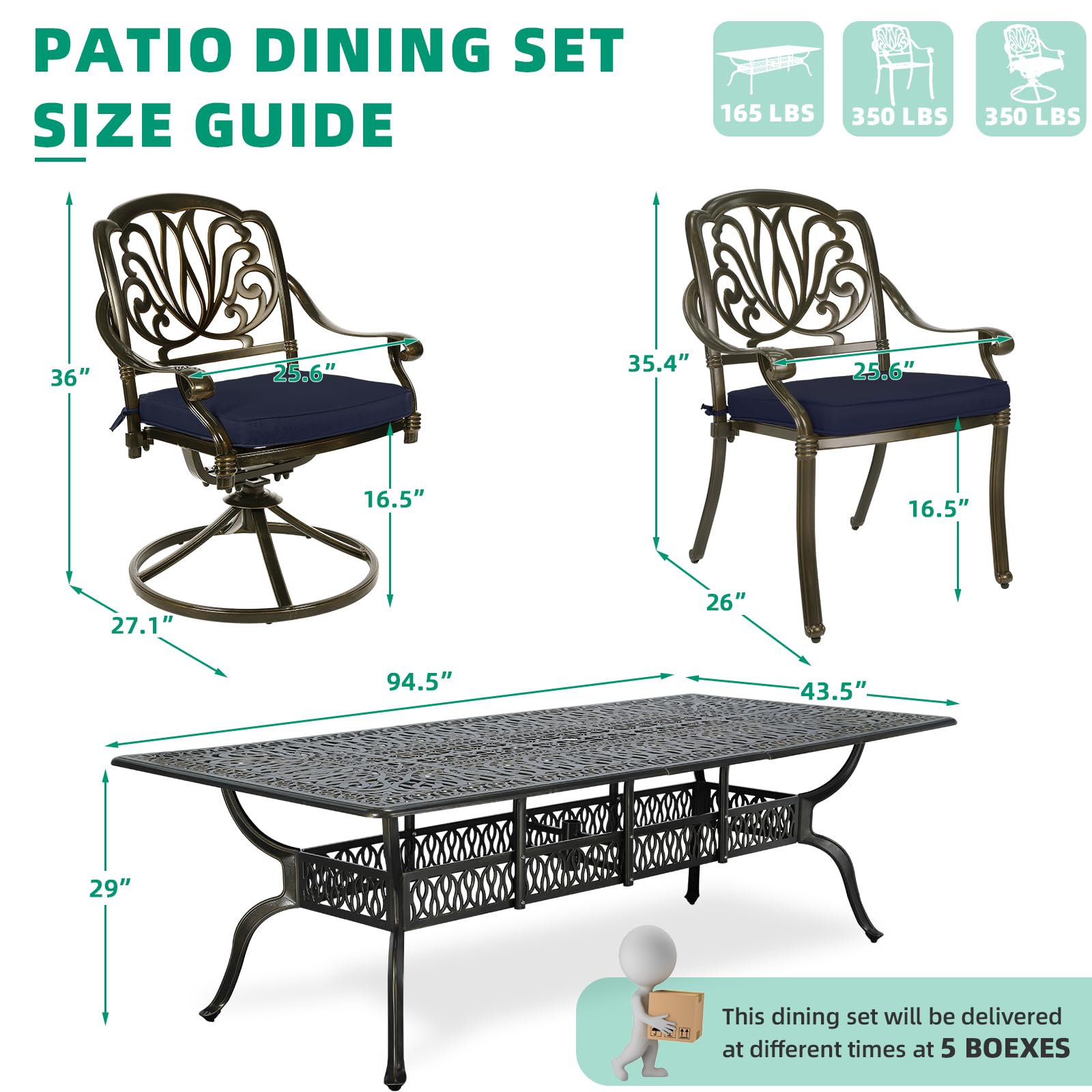 VIVIJASON 9-Piece Outdoor Dining Set, Cast Aluminum Patio Furniture Table & Chairs Set, Include 94.5" Rectangular Table, 2 Swivel Rocker Chairs, 6 Stationary Chairs, Umbrella Hole, Navy Blue Cushion