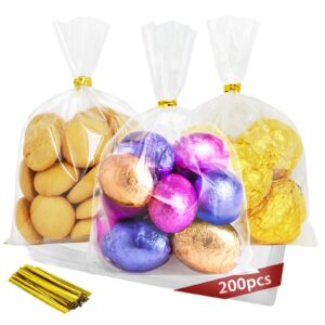 kopokita 200pcs clear cellophane treat bags, 4x6 inches small plastic cookie candy bags goodie bags gift bags with 200 twist ties for party favors