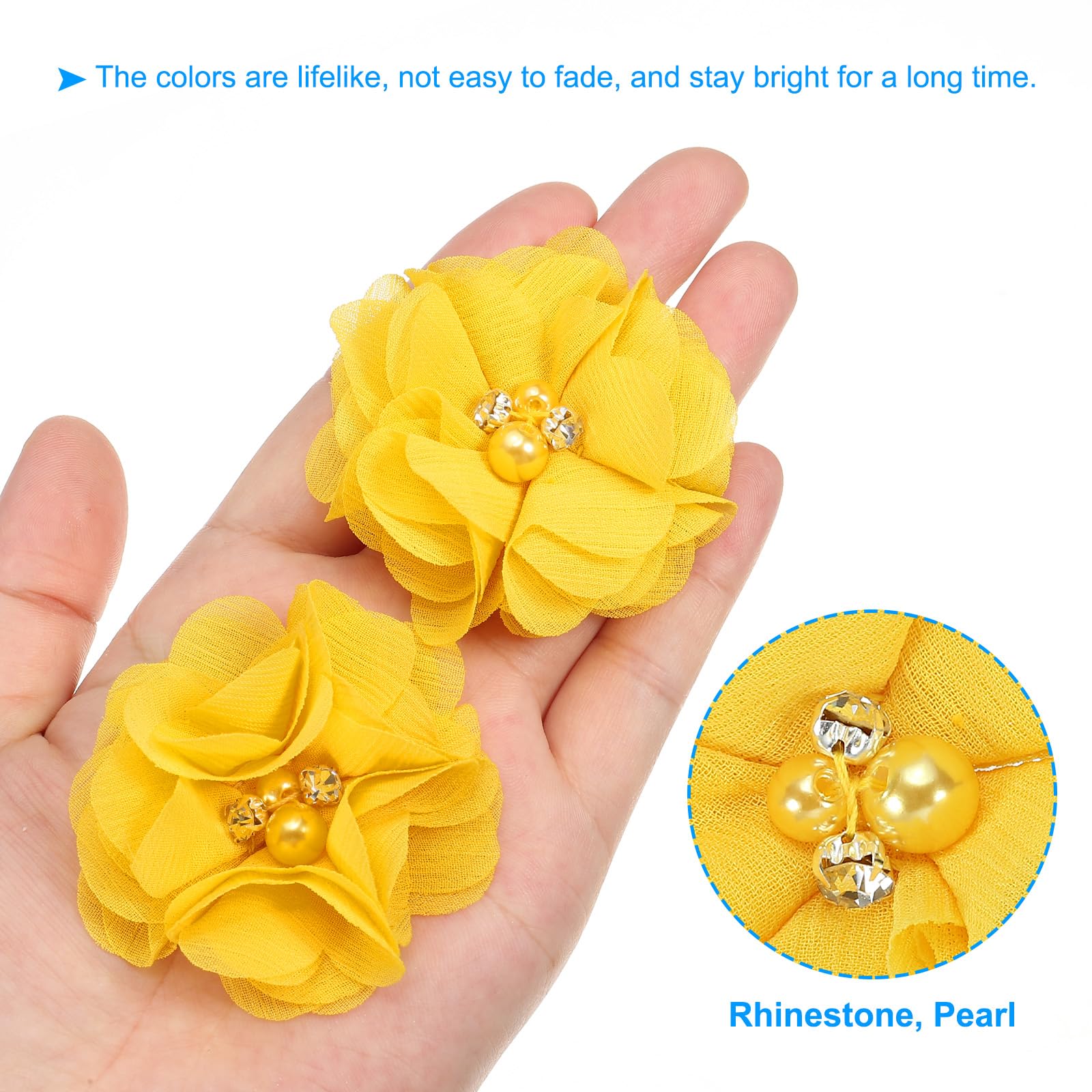 PATIKIL 2" Chiffon Flowers, 10Pcs Fabric Flowers Sewing Appliques Embellishments with Rhinestone Pearl for DIY Crafts Wedding Headbands Party Decoration, Yellow