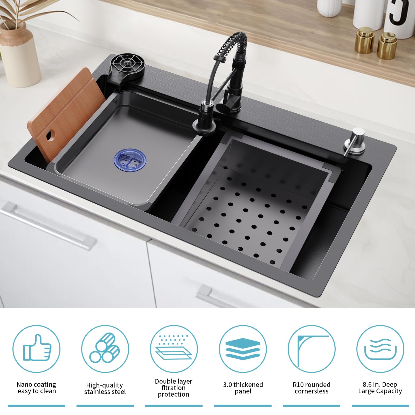 29.5 x 18 inch Kitchen Sink, Single Bowl Stainless Steel Sink Multifunctional Drop In Sink with Pull-Down Faucet and Multiple Accessories (Black Grey, 29.5 * 18)