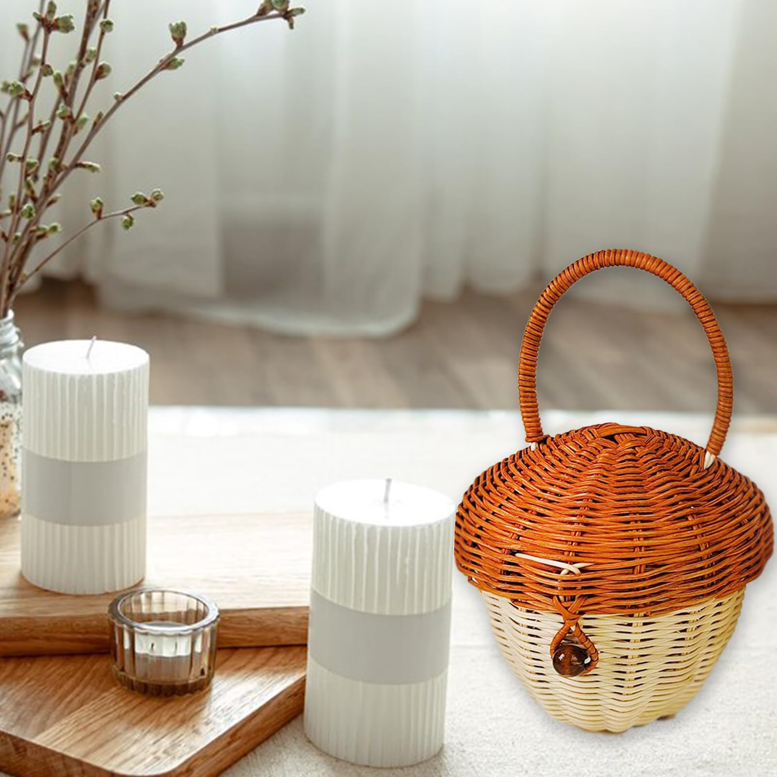 Mushroom Storage Basket, Acorn Shaped Basket Bag, Creative Handmade Rattan Storage Basket with Handle, Desktop Rattan Basket With Lid for Desktop Storage Decoration