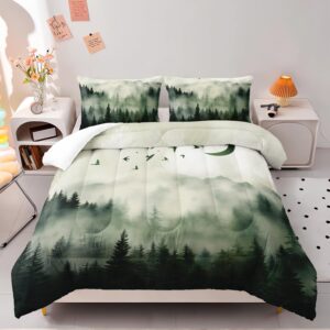 ailonen 3d forest comforter set twin size, mist nature and woodland bedding set for room decor,fantasy moon & bird super soft duvet set,1 pale green quilt with 2 pillowcases,3-piece