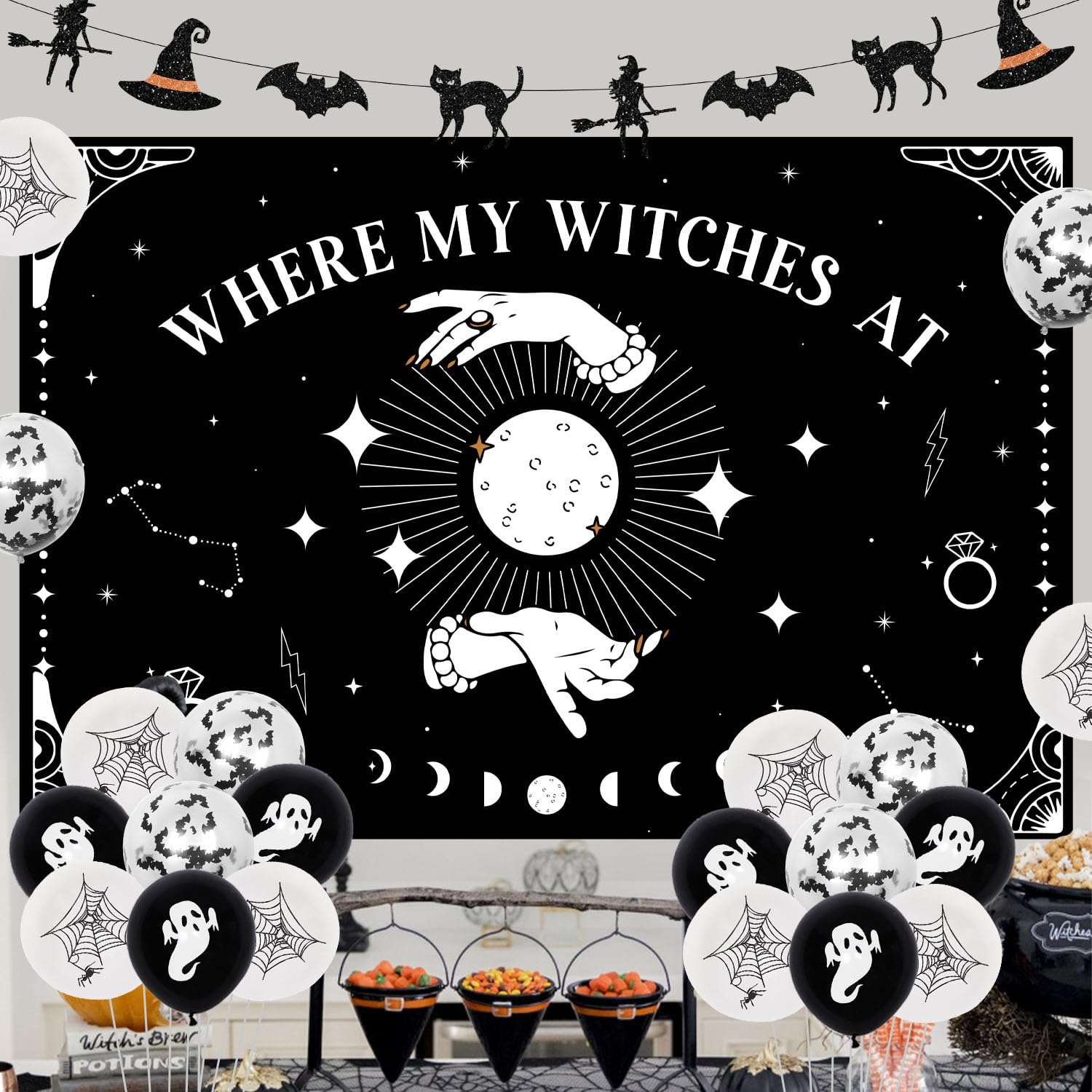 Halloween Where My Witches at Bachelorette Party Decorations Black White Witche Backdrop Banner Garland Bride to Be Sash for Halloween Bachelorette Party Decor Supplies