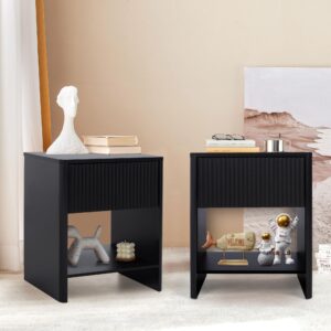 affeivul modern night stand set 2 with drawer, black nightstand for bedroom, small end table with storage, living room/bed side table with drawer for small spaces, fluted cabinet wood nightstand