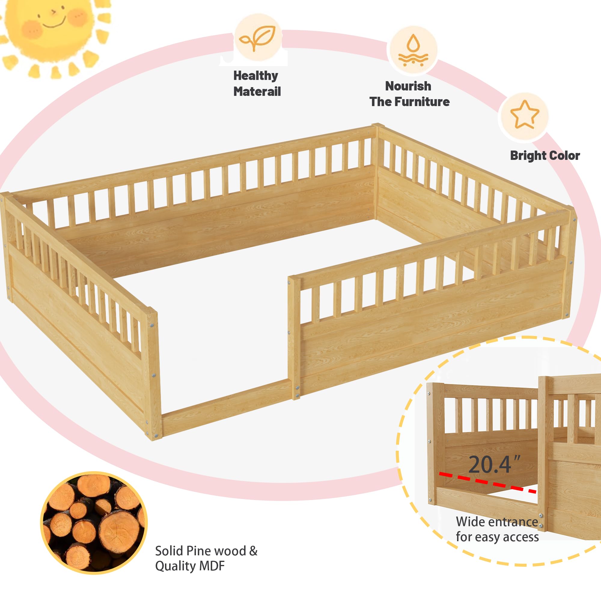 Floor Bed for Kids, Full Size Montessori Bed with High Fence Railings, Wood Playhouse Bed with Rails for Baby Boys Girls Teens, No Slats Included, Natural