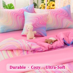 Girls Full Bedding Sets, 6 Pcs Pink Full Szie Comforter Set with Sheets, Tie Dye Superior Blue Pink Rainbow Bedding Set for Girls Kids