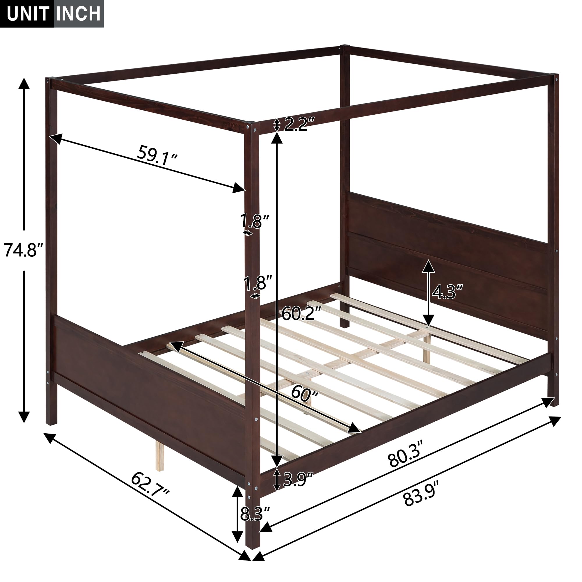 Merax Queen Size Canopy Bed with Headboard and Footboard, Solid Wood 4 Posters Platform Bed with Slat Support Leg, No Box Spring Needed, Espresso