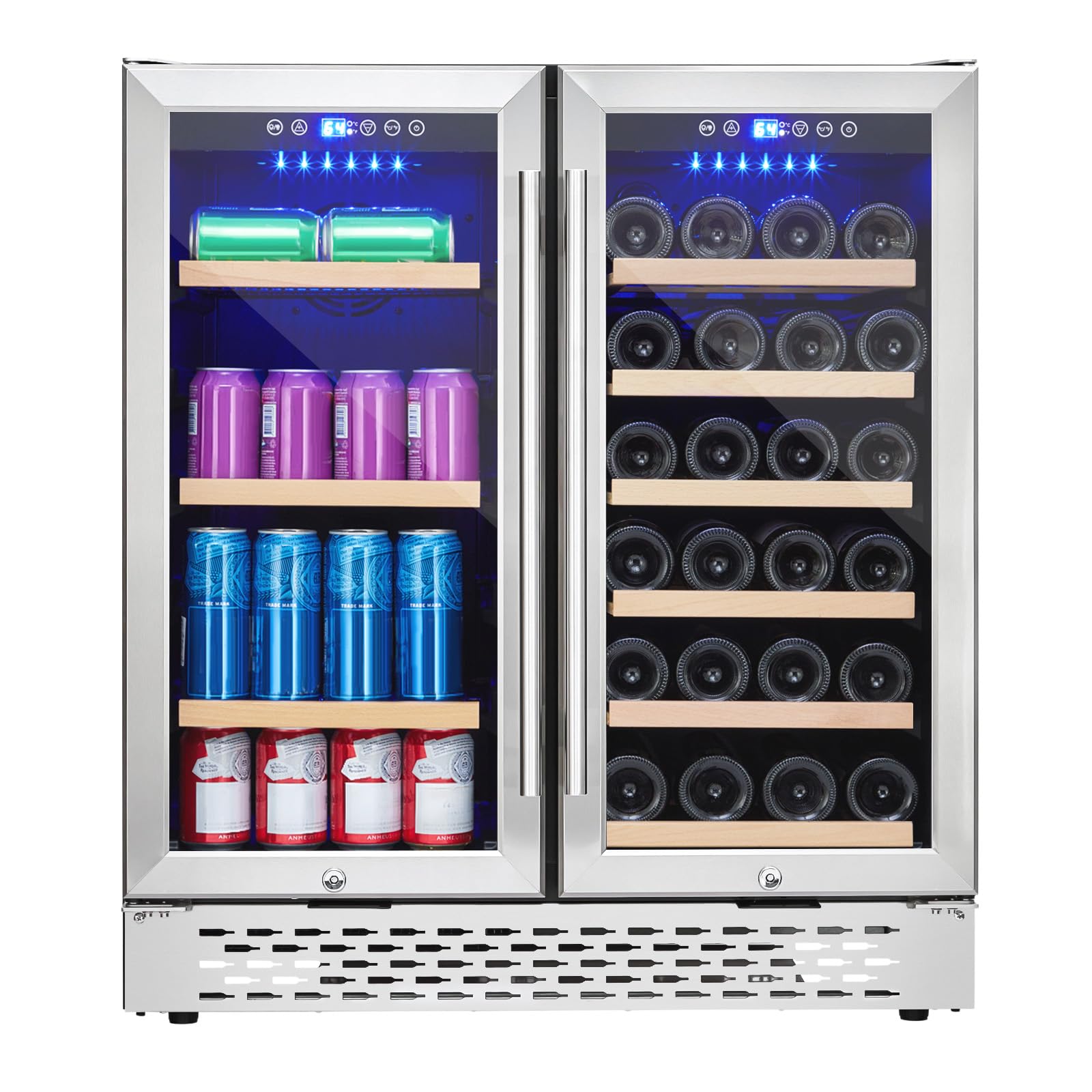 GarveeHome Wine and Beverage Refrigerator - 28 Bottles and 80 Cans, Dual Zone, Glass Door, Adjustable Shelves, with Lock, Digital Temperature Control, Freestanding/Built-in