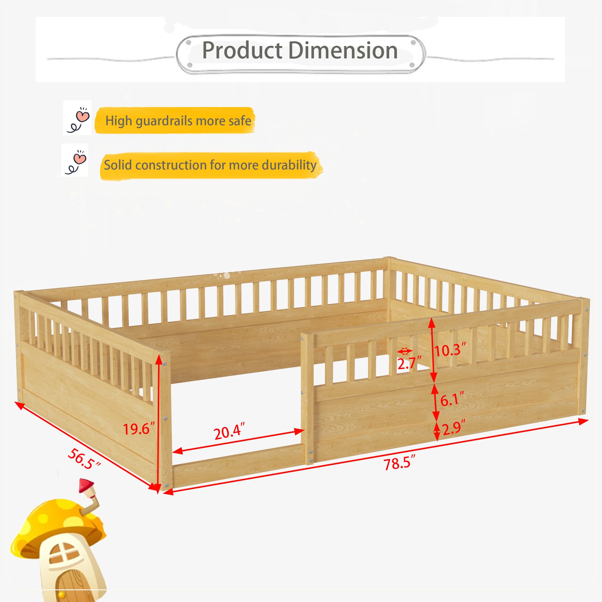 Floor Bed for Kids, Full Size Montessori Bed with High Fence Railings, Wood Playhouse Bed with Rails for Baby Boys Girls Teens, No Slats Included, Natural