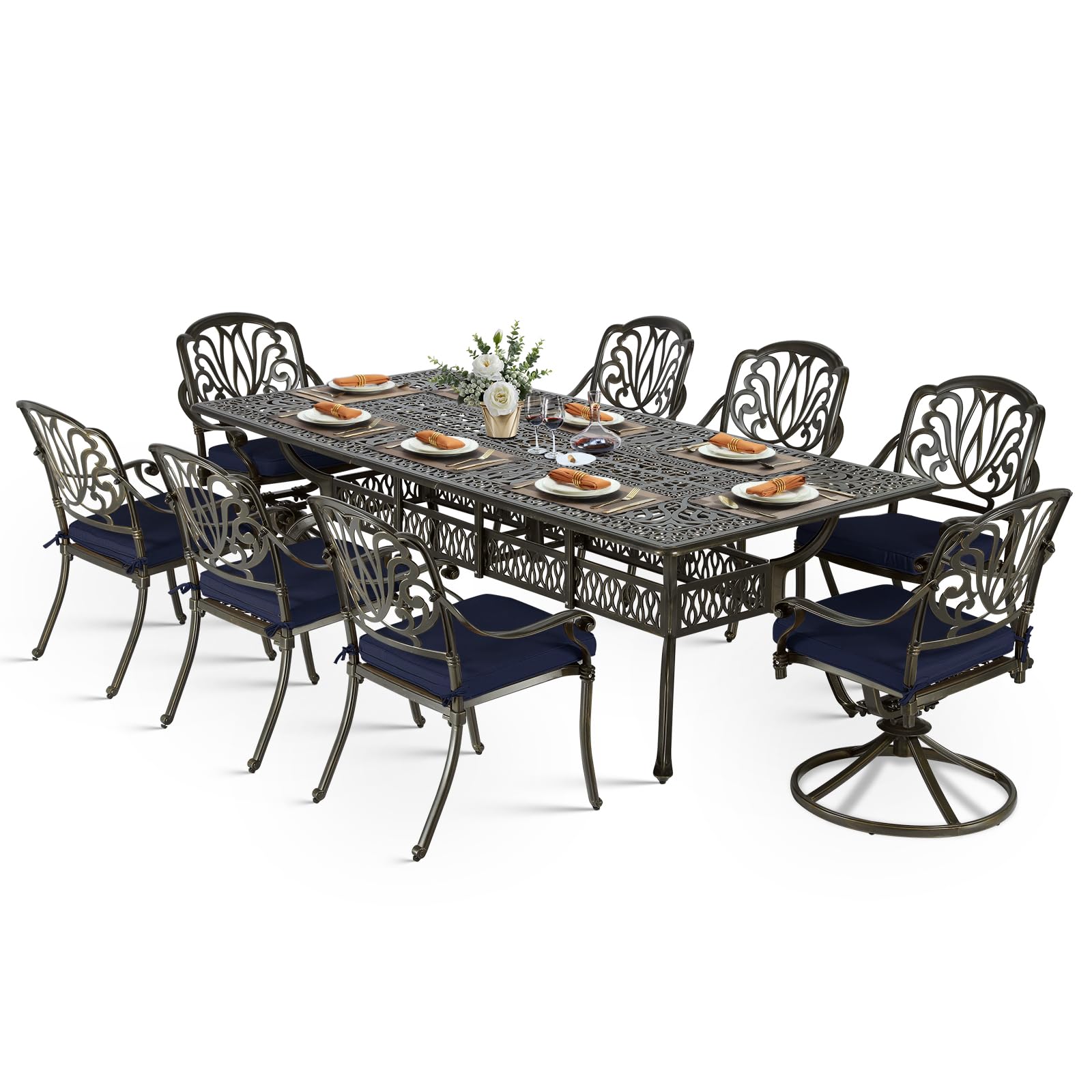 VIVIJASON 9-Piece Outdoor Dining Set, Cast Aluminum Patio Furniture Table & Chairs Set, Include 94.5" Rectangular Table, 2 Swivel Rocker Chairs, 6 Stationary Chairs, Umbrella Hole, Navy Blue Cushion