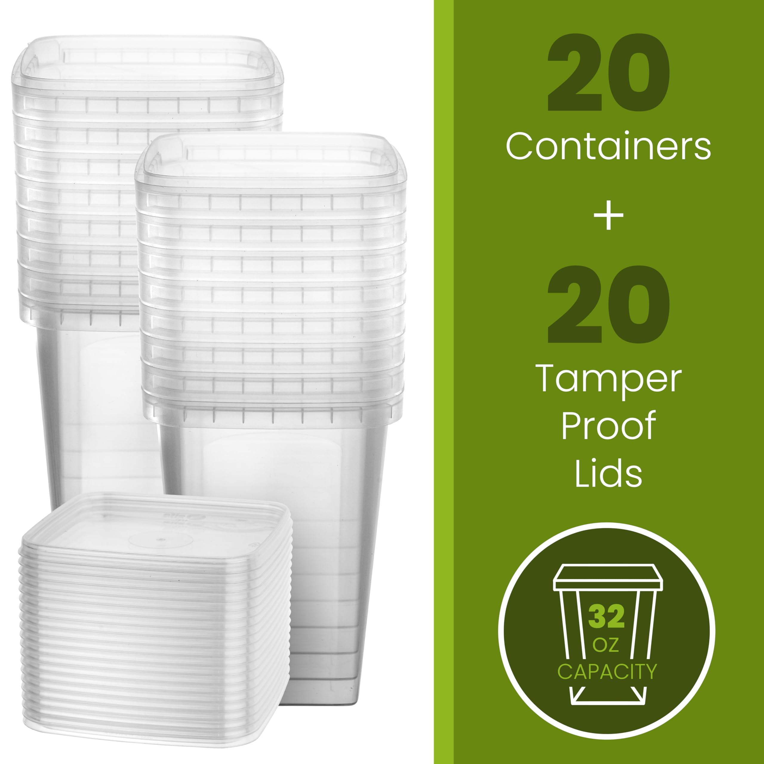 32-oz. Square Clear Deli Containers with Lids | Stackable, Tamper-Proof BPA-Free Food Storage Containers | Recyclable Space Saver Airtight Container for Kitchen Storage, Meal Prep, Take Out | 20 Pack