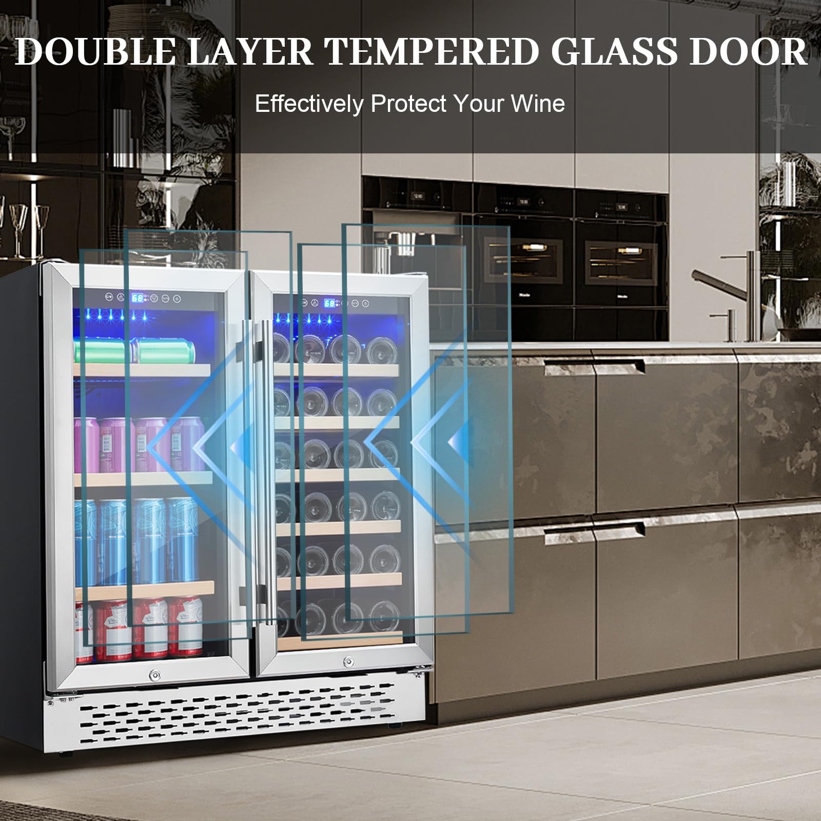 GarveeHome Wine and Beverage Refrigerator - 28 Bottles and 80 Cans, Dual Zone, Glass Door, Adjustable Shelves, with Lock, Digital Temperature Control, Freestanding/Built-in