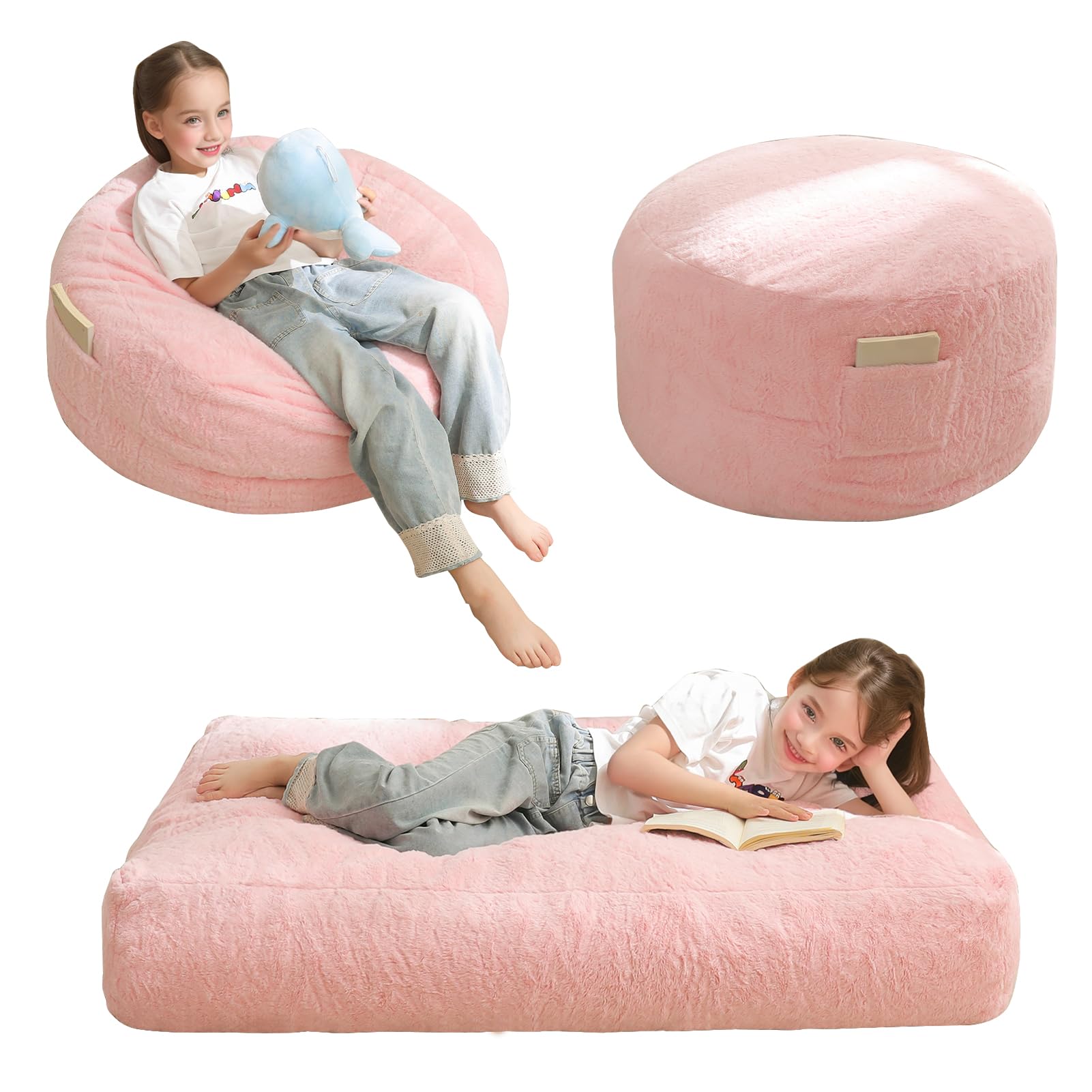 MAXYOYO Bean Bag Chair Bed for Kids, Convertible Bean Bag Folds from Lazy Chair to Floor Mattress Bed, Stuffed Floor Sofa Couch Sofa Bed for Boys and Girls, High-Density Foam Filling, Pink