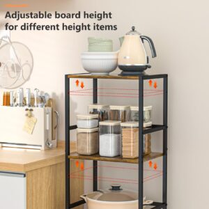 4-Tier Adjustable Kitchen Storage Rack - Kitchen Shelf Organizer Freestanding, Kitchen Storage Shelves with Wire Drawer, Metal Shelving Unit with Wood Board, Versatile Narrow Shelf for Small Space