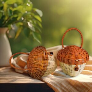 Mushroom Storage Basket, Acorn Shaped Basket Bag, Creative Handmade Rattan Storage Basket with Handle, Desktop Rattan Basket With Lid for Desktop Storage Decoration