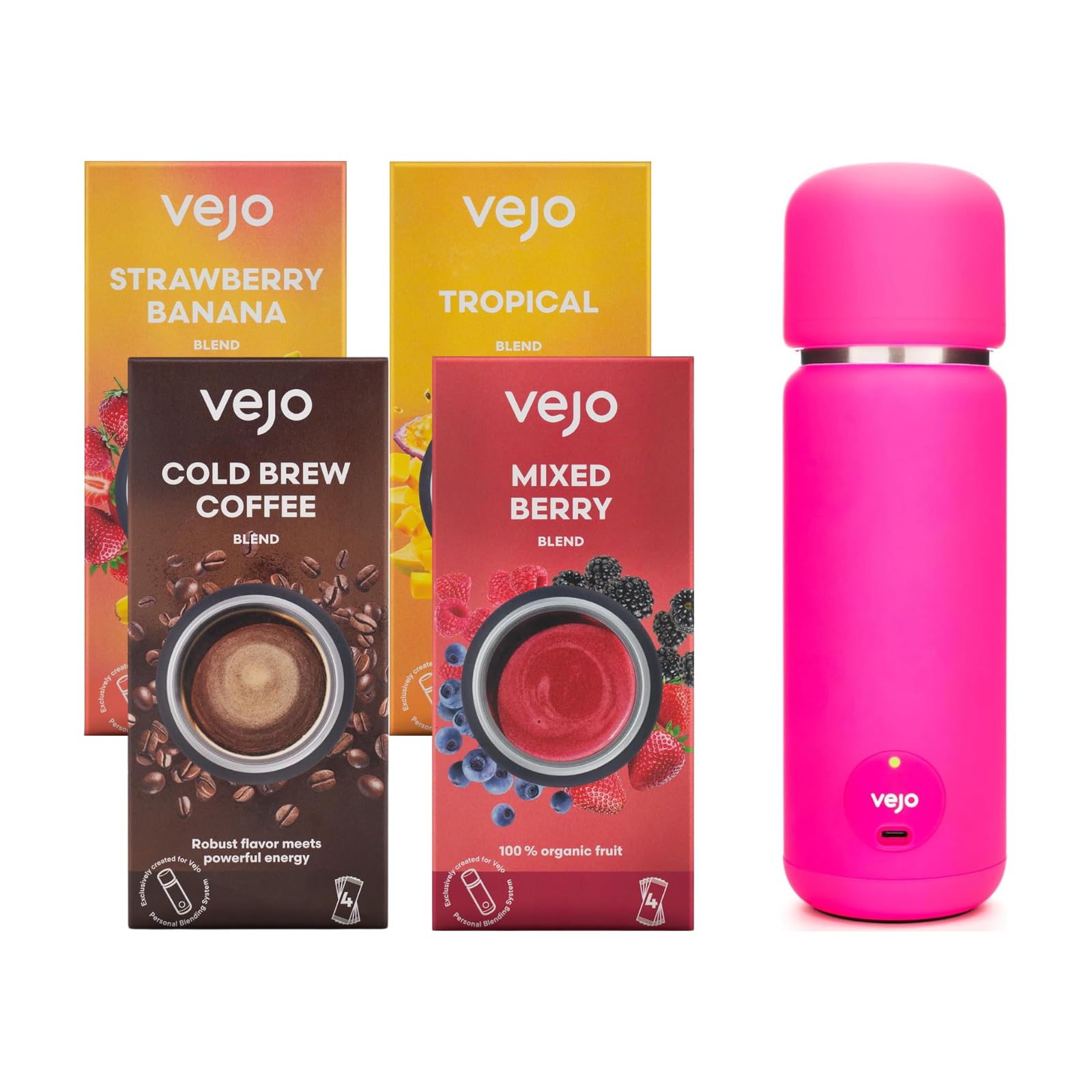 Vejo Pink Starter Variety Pack (Pink Blending Sytem, Strawberry Banana, Mixed Berry, Cold Brew Coffee, & Tropical Blender Pack) (4ct/1Ea)