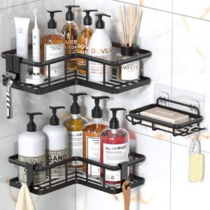 yasonic 2024 new corner shower caddy, 3-pack shower organizer corner with soap holder and 4 removable hooks, rustproof corner shower shelves, no drilling shower shelf for inside shower, black