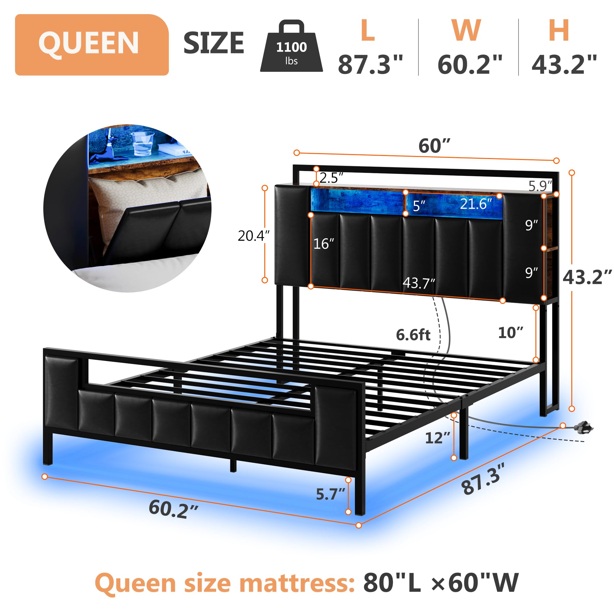 Alohappy Queen Bed Frame with Storage Headboard & Charging Station, PU Leather Platform Bed Frame Queen Size with LED Lights and Hidden Storage, Heavy Duty Metal Slats, No Box Spring Needed, Black