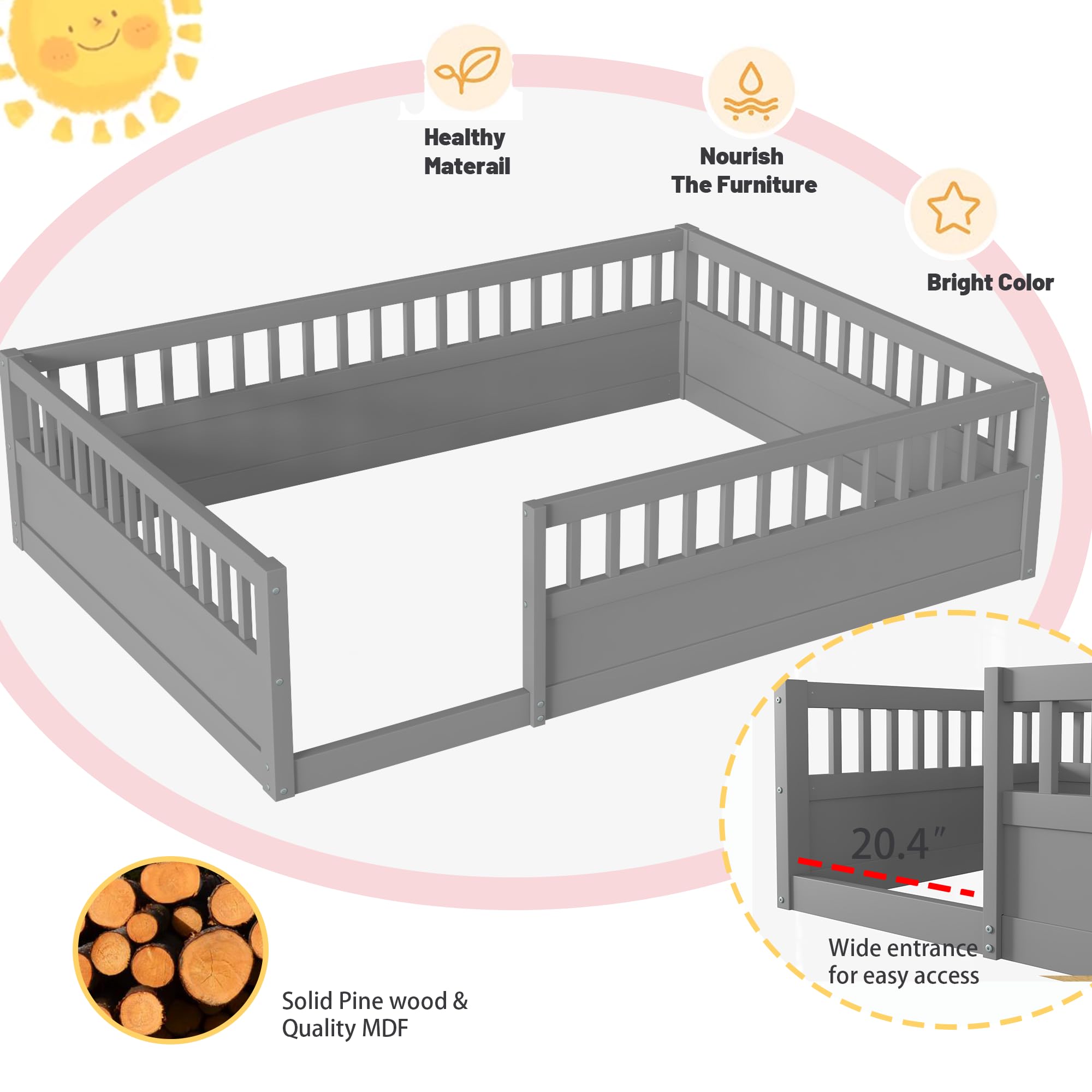 Floor Bed for Kids, Full Size Montessori Bed with High Fence Railings, Wood Playhouse Bed with Rails for Baby Boys Girls Teens, No Slats Included, Gray