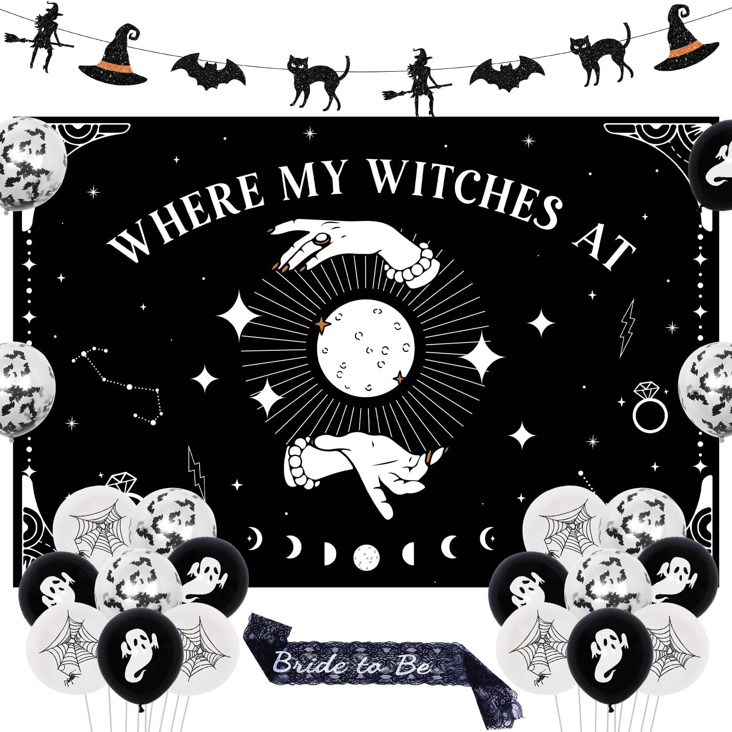 Halloween Where My Witches at Bachelorette Party Decorations Black White Witche Backdrop Banner Garland Bride to Be Sash for Halloween Bachelorette Party Decor Supplies