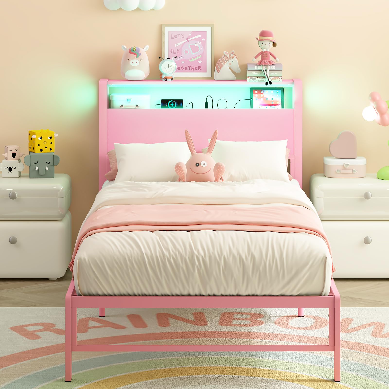 Weehom Twin Bed Frames with 2 Tiers Wood Storage Shelves Headboard, Twin Size Bed with Charger Stations and LED Light Under Bed Storage Space Platform Bed for Kids, Girls and Adults, Pink