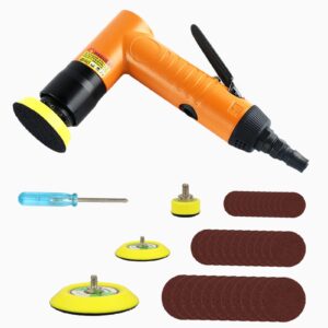 upgrade mini air angle sander with 1'' 2'' 3'' pads random orbital air sander 22000rpm, mini pneumatic polisher for auto body work headlight polishing paint cleaning with 30pcs roll lock discs