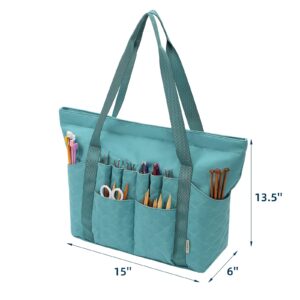 HOMEST Tote Crochet Bag, Yarn Storage Organizer, Knitting Bag with Custom Front Pockets for Crochet Hooks, Knitting Needles and Crochet Accessories, Turquoise