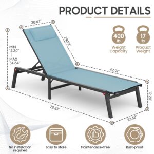 WOAJN Aluminum Patio Chaise Lounge Chair Set of 2,5-Position Adjustable Backrest,Foldable Lounge Chair Outdoor,Pool Lounge Chairs for Poolside,Lawn,Deck,Beach,Blue