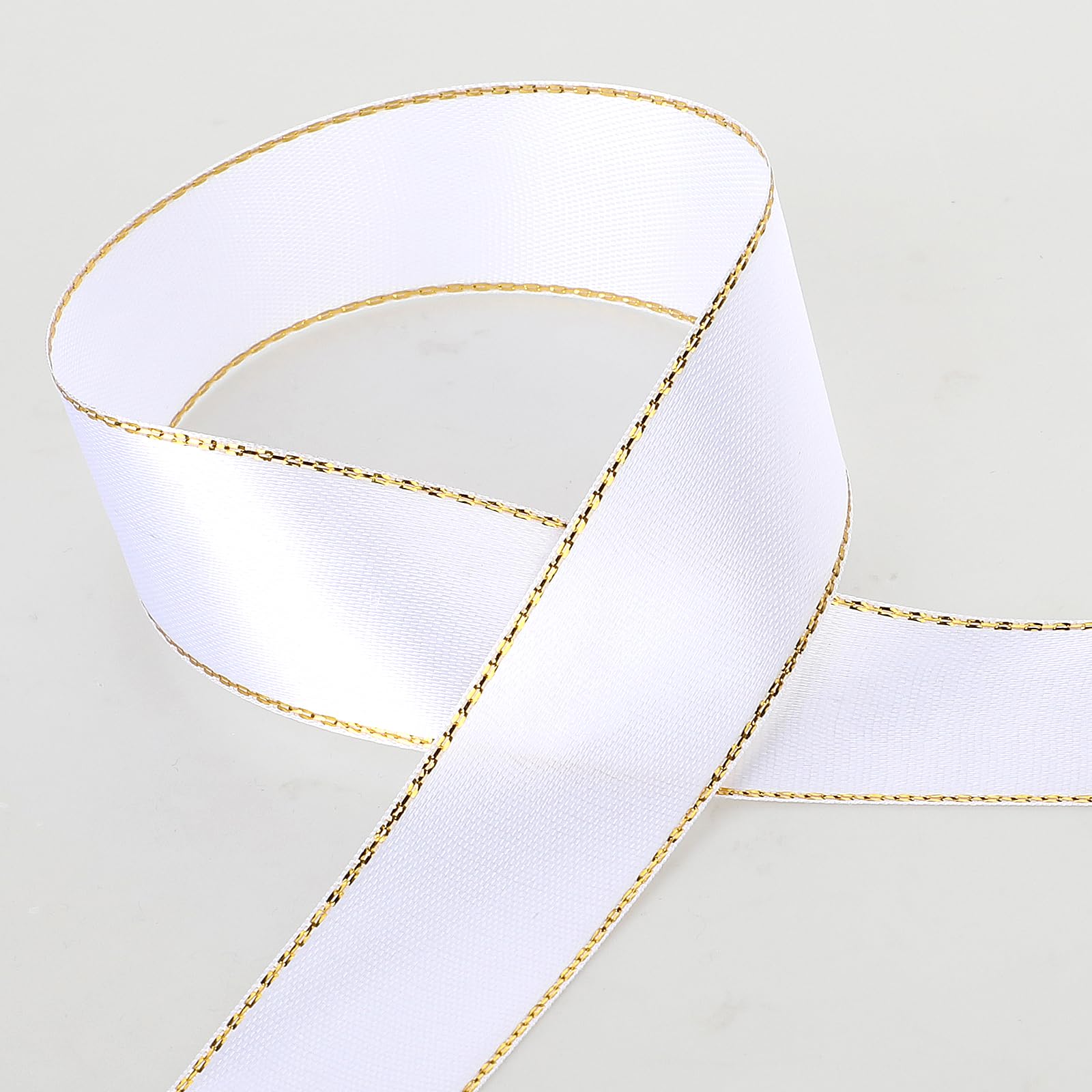 White Satin Ribbon Double Faced Fabric Ribbon with Gold Edges 1 Inch×25 Yards Gold Border Ribbon for Gift Wrapping Crafts Flower Bouquet Hair Bows Making Wedding Party Decoration