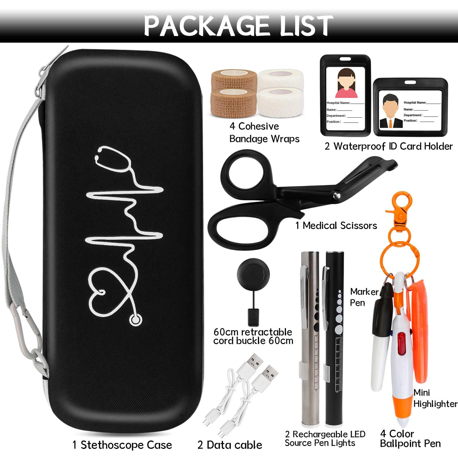 FWUNYVN 16 Pcs Stethoscope Case Kits, Stethoscope Case with Supplies Include 2 Pcs Rechargeable LED Pen Lights, Nurse Scissors, Nurse Pens, Bandage Wraps, Nurse Accessories, Perfect Nurse Gifts(Black)