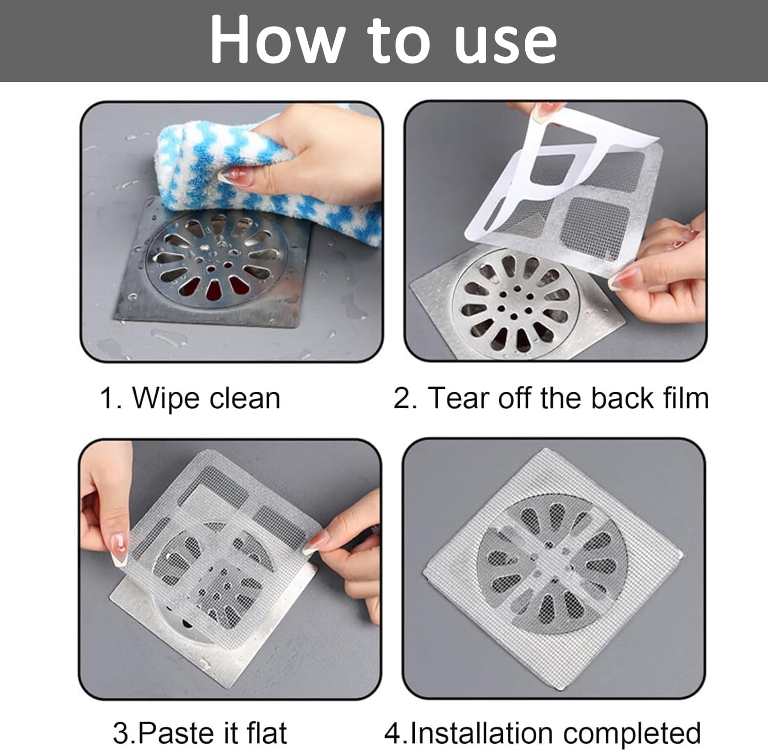 Floor Drain Sticker, 100PCS Disposable Shower Drain Cover Hair Catcher Mesh Stickers, 4"x4" Square Shower Floor Drain Cover, Drain Mesh Strainer for Kitchen, Sink, Bathroom, Laundry, Bathtub