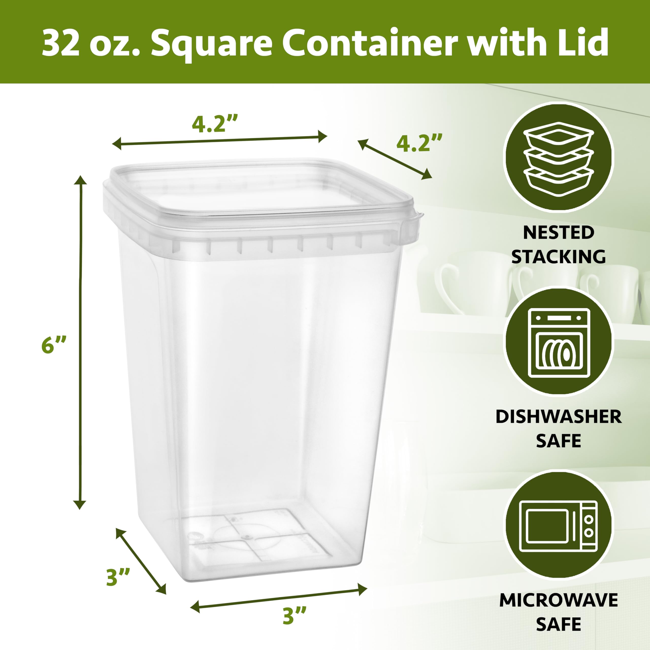 32-oz. Square Clear Deli Containers with Lids | Stackable, Tamper-Proof BPA-Free Food Storage Containers | Recyclable Space Saver Airtight Container for Kitchen Storage, Meal Prep, Take Out | 20 Pack