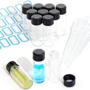 ettsnu 10pcs 4ml clear glass vials with screw caps and pe pad, 1 dram small lab sample vials with lids, leak-proof liquid storage empty vial (with droppers and marker stickers)