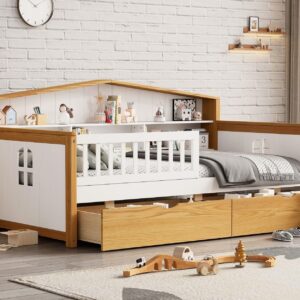 Merax Twin Size Bed Frames with 2 Storage Drawers and Bookcase Headboard, Montessori House Shape Daybed for Kids Girls Boys Teens, No Box Spring Needed