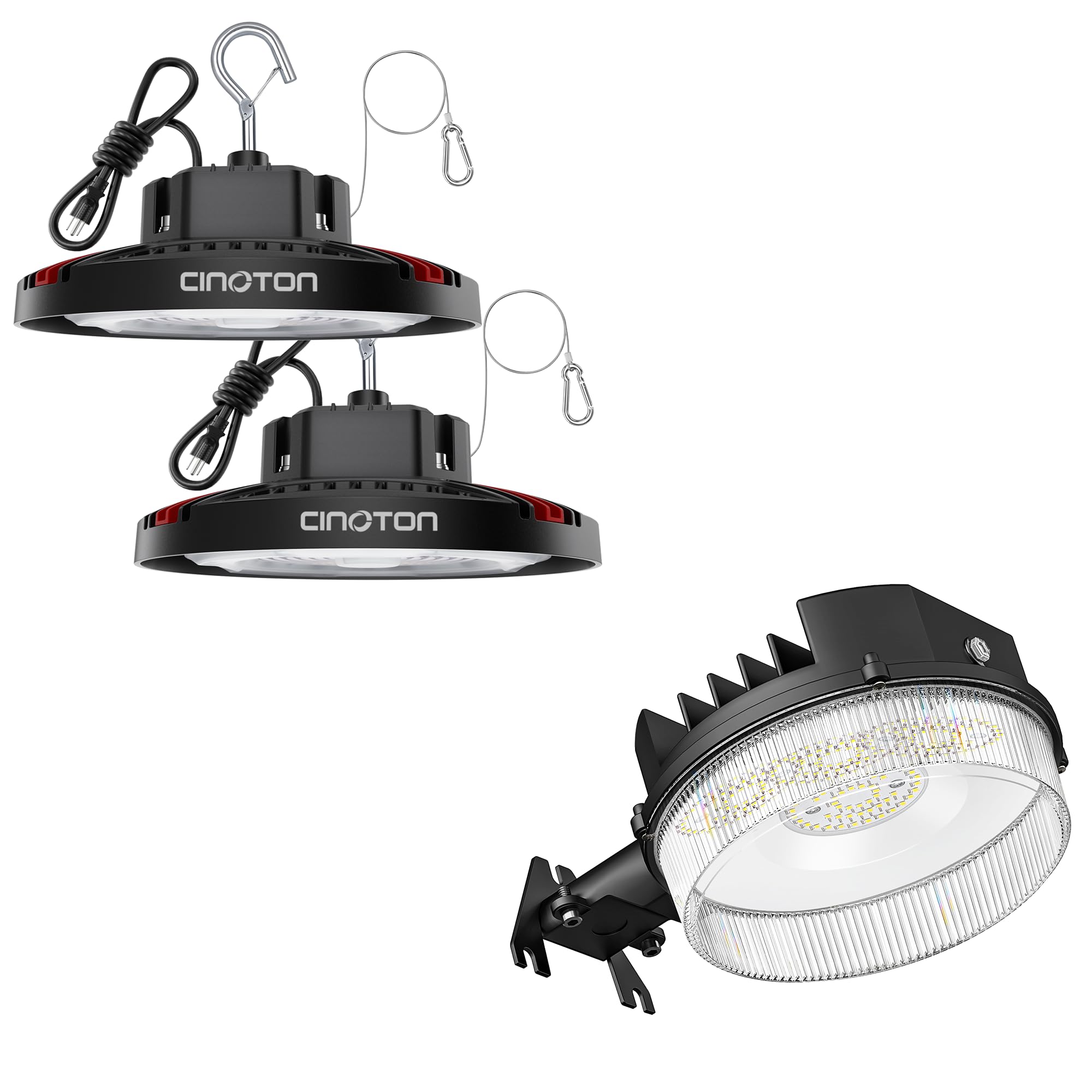 CINOTON 42W LED Barn Light Dusk to Dawn Outdoor Lighting, Black 1 Pack & 160W LED High Bay Lights 2 Pack